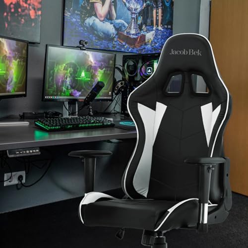 Gaming Silla de Gamer Ergonómica con Espalda Reclinable, Brazos Ajustable, Cuero Sintético, Soporte Lumbar y Respaldo (Gris)