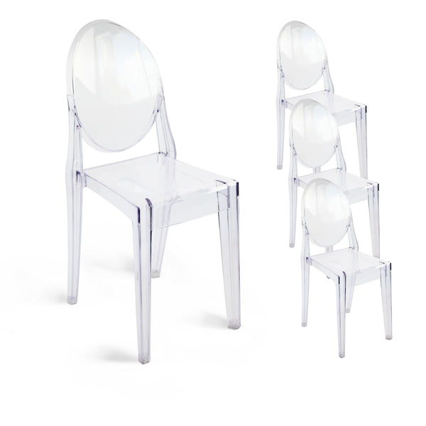 Set de 4 Sillas Ghost Transparentes, Sillas de Comedor Apilables para Eventos, Bodas, Banquetes (sin brazos y con respaldo circular)