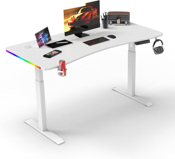 Mesa Gamer140x60cm, con iluminación LED RGB, portavasos y Gancho para Auriculares  (Blanco/Negro)