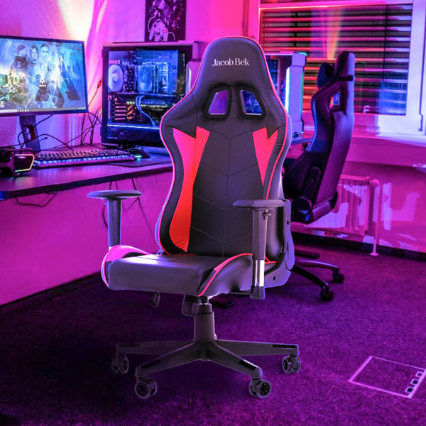 Gaming Silla de Gamer Ergonómica con Espalda Reclinable, Brazos Ajustable, Cuero Sintético, Soporte Lumbar y Respaldo(Rojo)