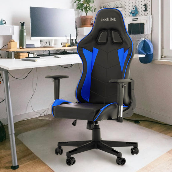 Gaming Silla de Gamer Ergonómica con Espalda Reclinable, Brazos Ajustable, Cuero Sintético, Soporte Lumbar y Respaldo (Azul)