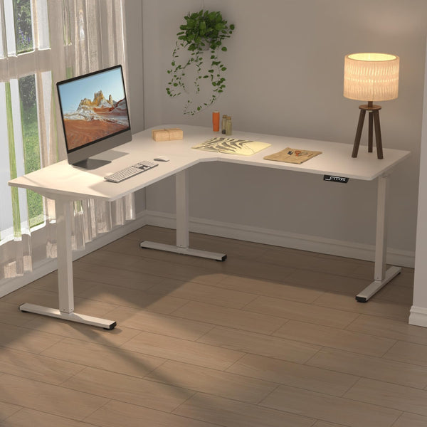 Computadora eléctrico en forma de L de 130 x 130 cm, espacio y estación de trabajo ergonómica con altura ajustable y parte superior de mesa (blanco)