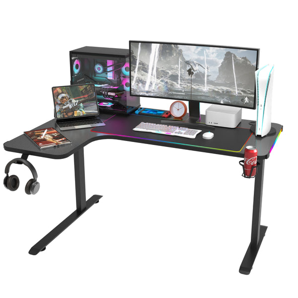 Escritorio Gamer para Computadora en Forma de L, Fibra de Carbono Gaming Mesa con iluminación LED RGB, Adecuado para el Hogar, Oficina, Dormitorio (Negro)